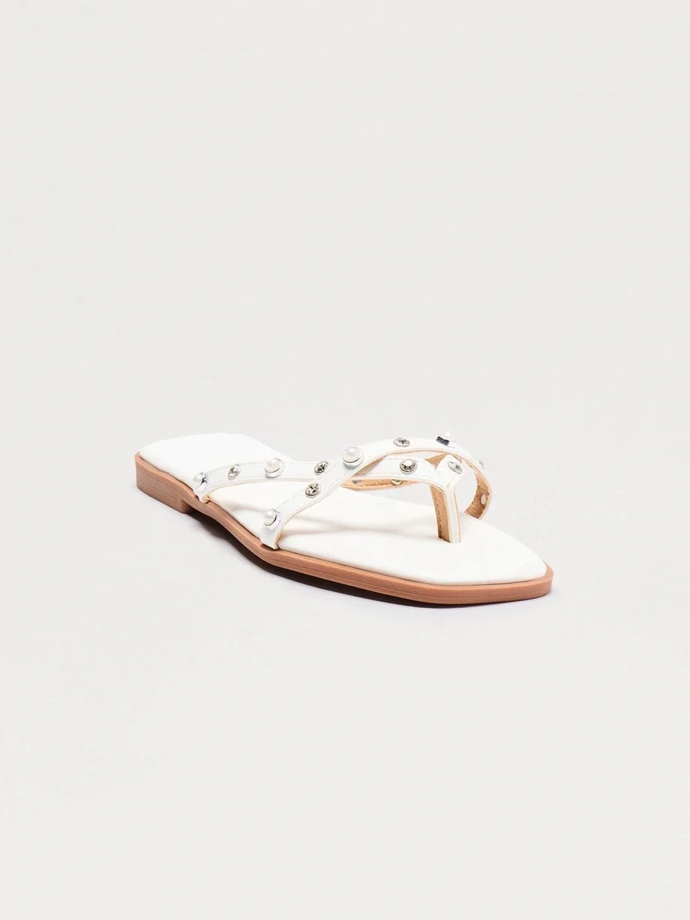 TOP Moda White Studded Leather T-Strap Sandals
